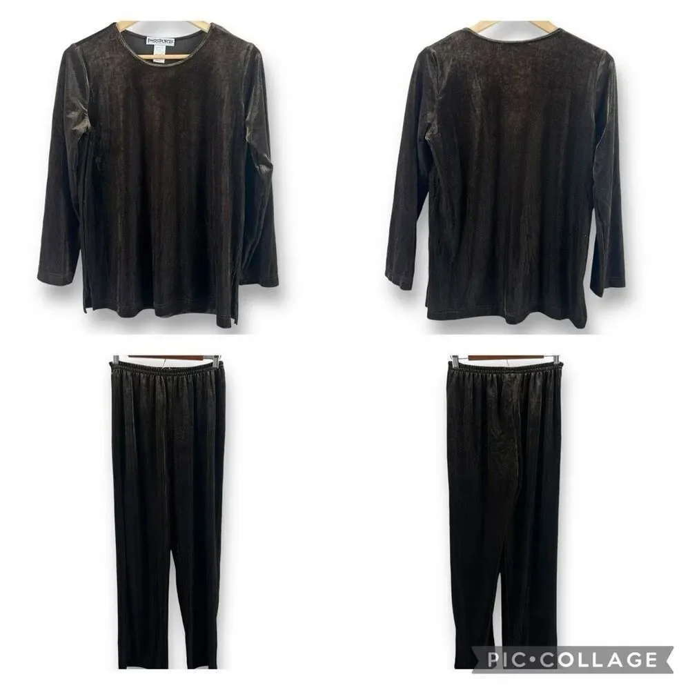 Vintage Passports Women's S Crushed Velvet Pajama Set Brown‎ Ribbed Loungewear
